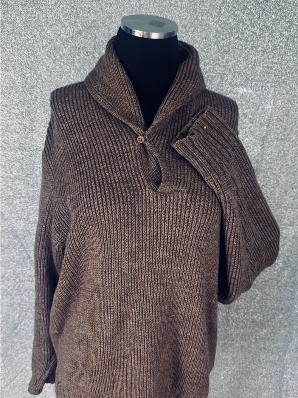 Vintage Men's V-Neck Brown Ribbed Shawl-Collar Sweater